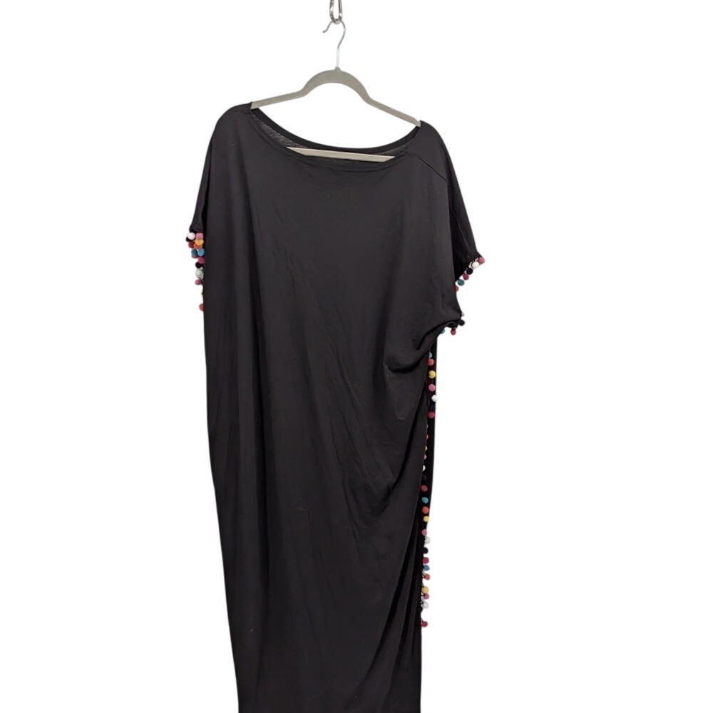 Women's long black maxi, cover-up dress with multicolor pom-poms size large